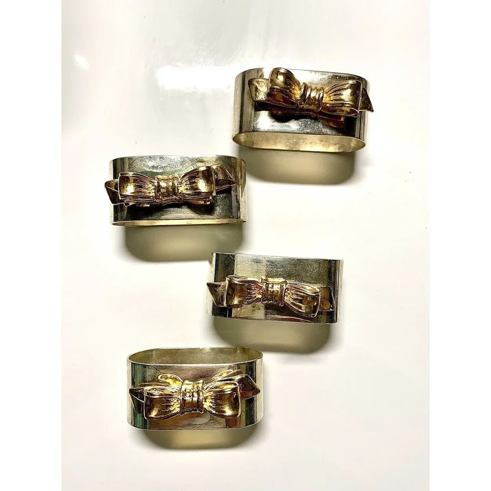 Vintage Regal Quality Silver Plated Napkin Rings Gold Bow Set of 4 Hong Kong